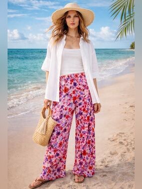 Boutique Floral Wide Leg Stretch Jersey Pull-On Pants Pink/Purple/Red ~ L ~ NWOT